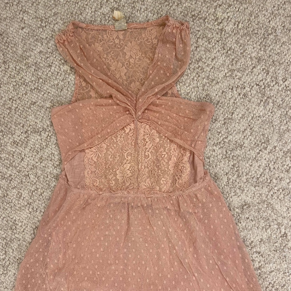 Free People Small Pink Lace and Mesh Babydoll Top with Keyhole Back
